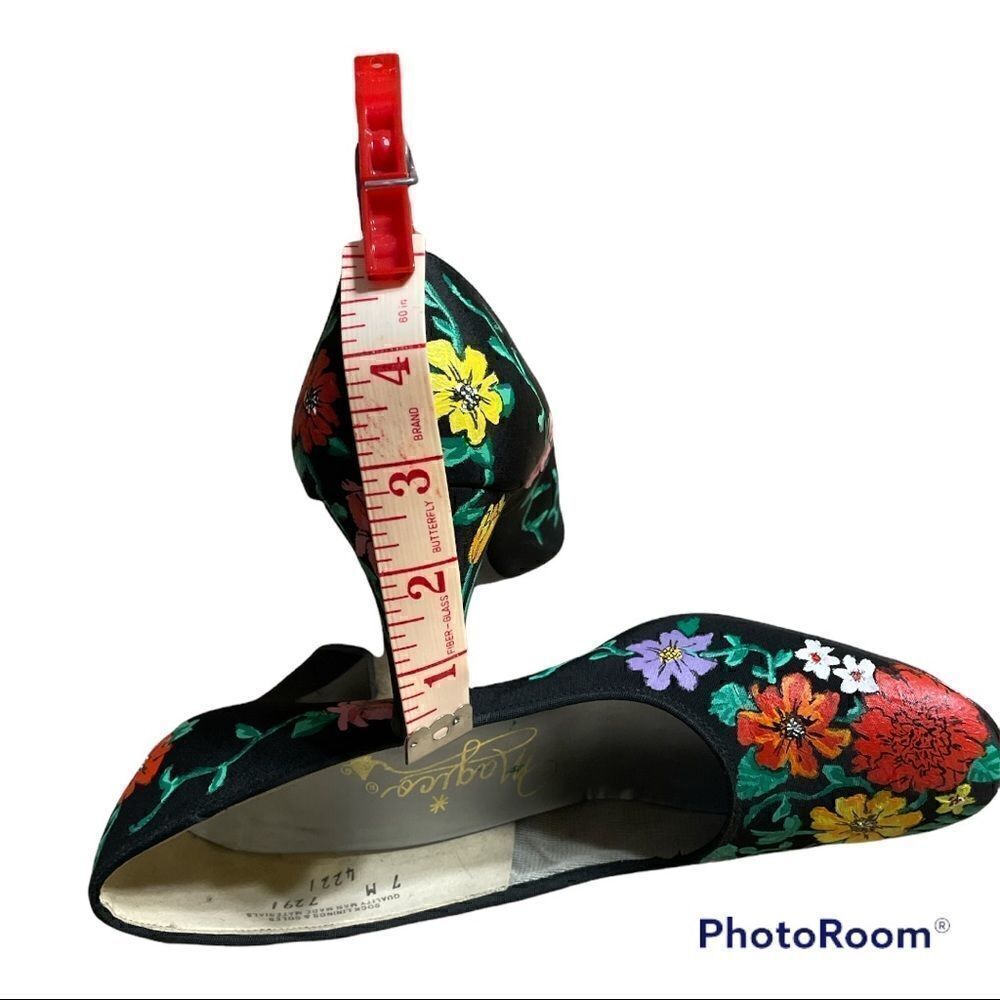 Vintage  80’s Floral Hand Painted Grosgrain fabric Black Heeled Pumps size 7 - Picture 11 of 12